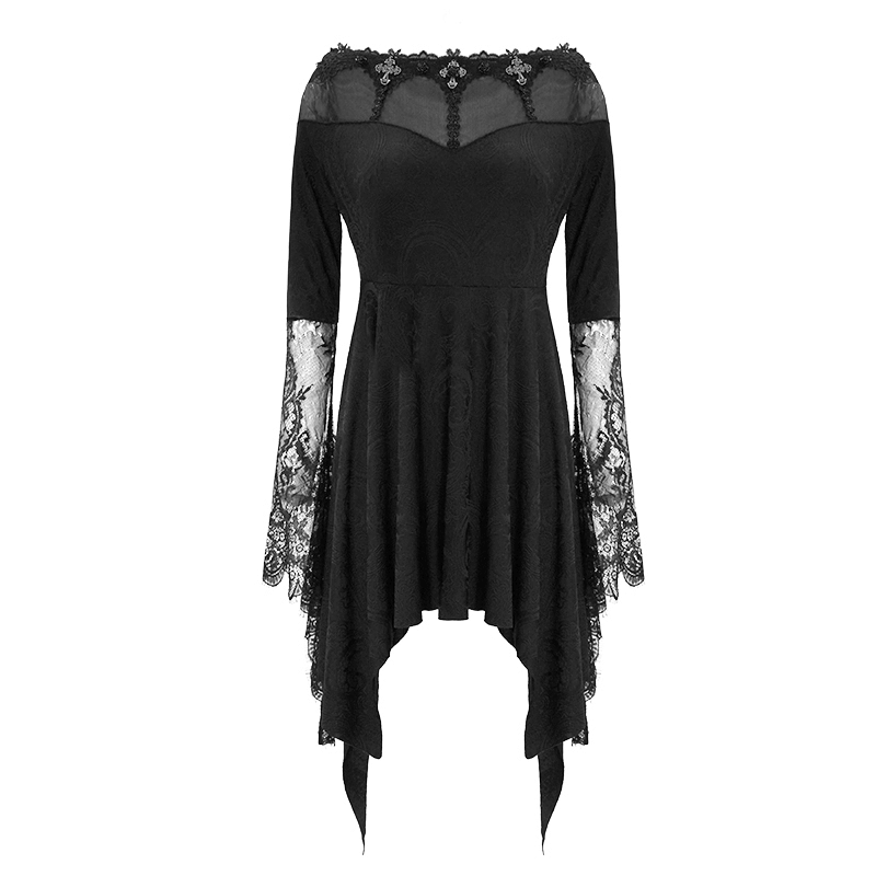Asymmetrical black lace dress with silver crosses, perfect for gothic elegance and romantic looks.