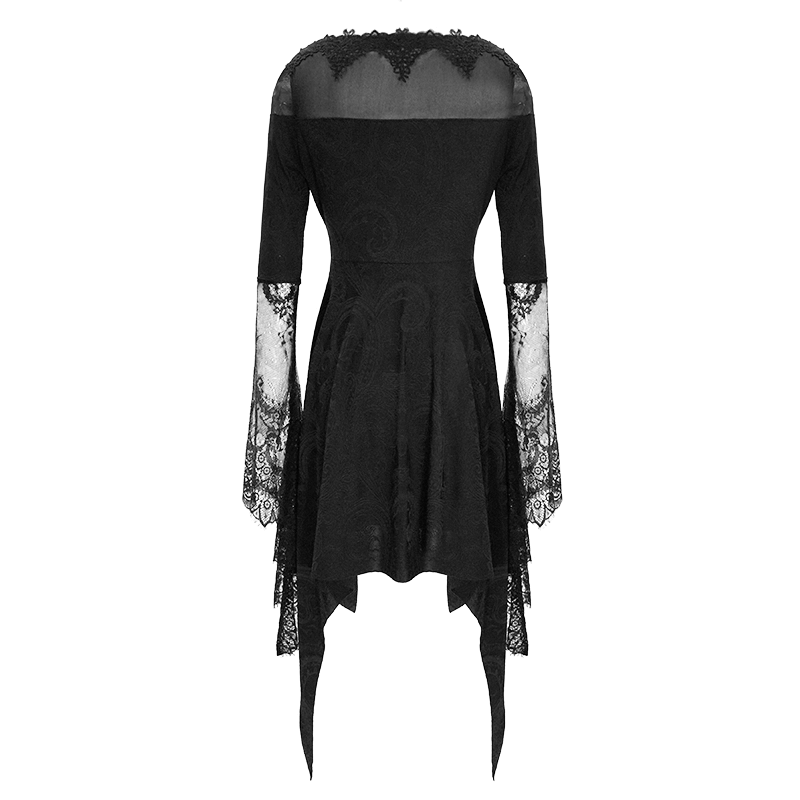 Back view of an asymmetrical black lace gothic dress with long bell sleeves and intricate lace detailing.