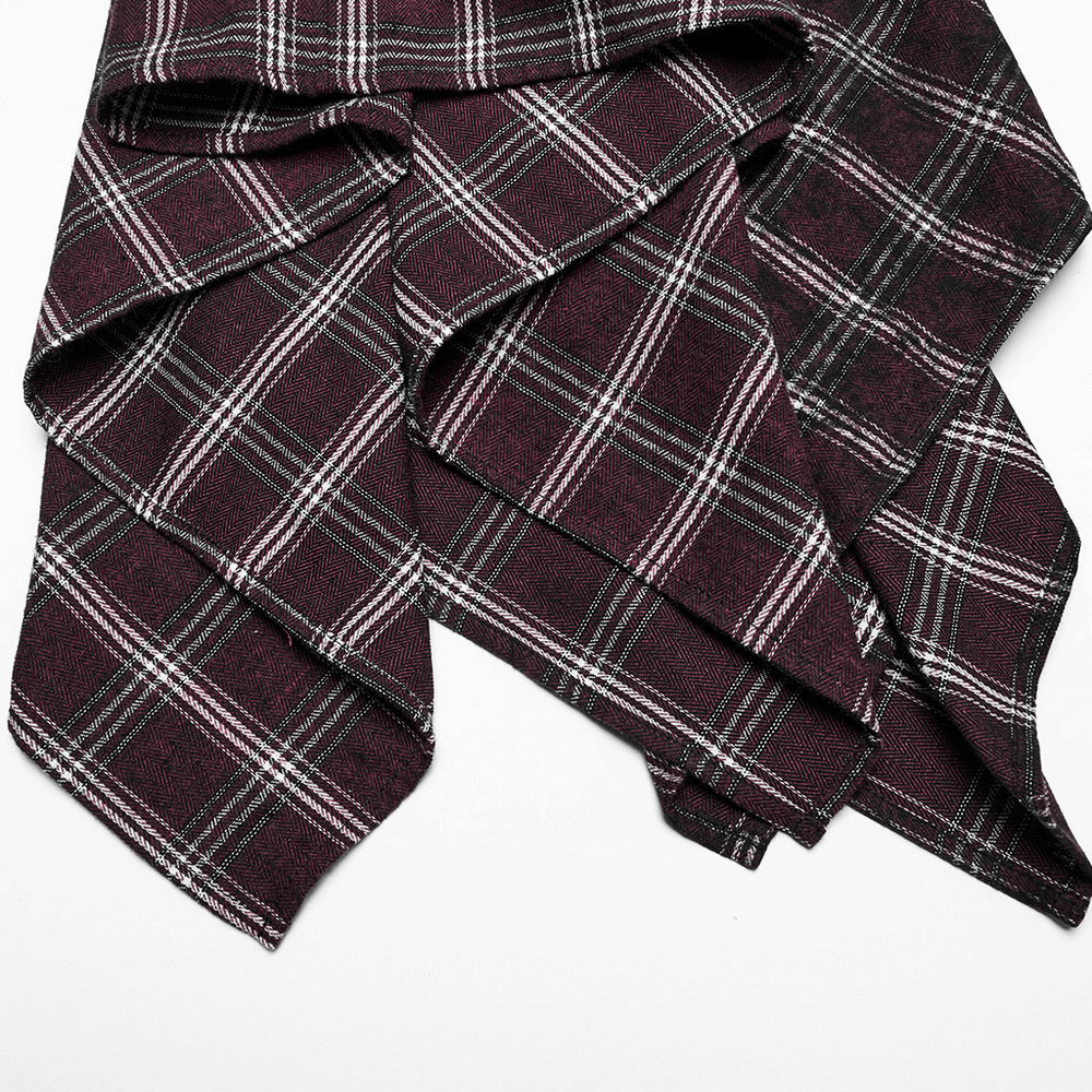 Asymmetrical gothic plaid fabric featuring dark red and black patterns, ideal for punk-inspired fashion.