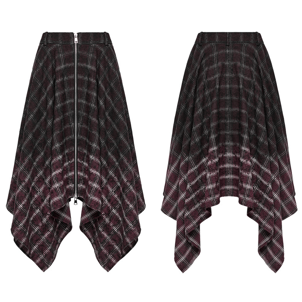 Asymmetrical Gothic plaid skirt with zipper front and pointed hem, embodying punk style and vintage charm.