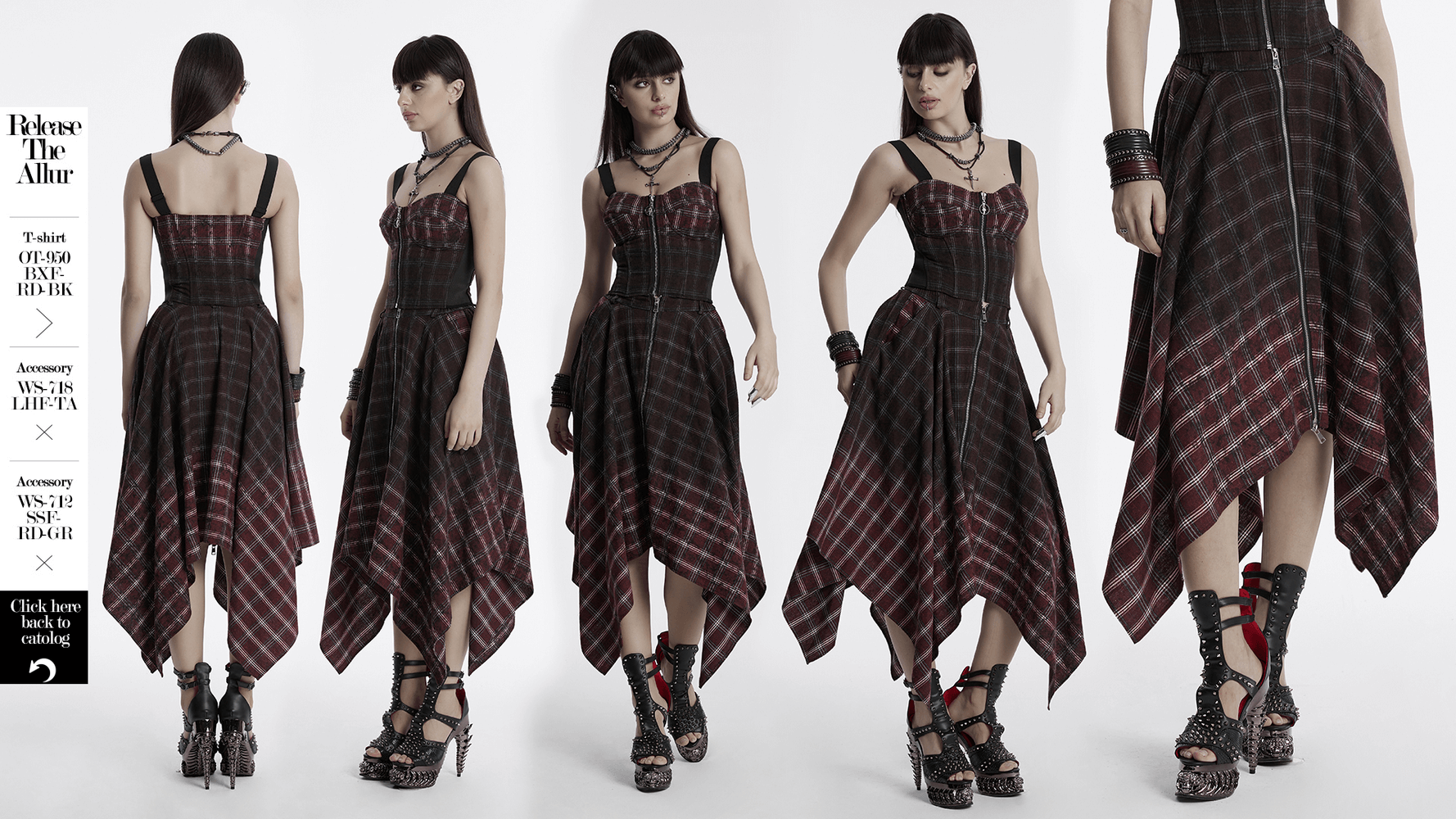 Asymmetrical gothic plaid skirt with zipper front, featuring a punk gradient design and irregular hem.