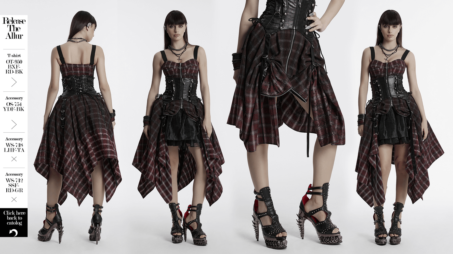 Asymmetrical gothic plaid skirt with zipper front and edgy pointed hem, showcasing a punk-inspired fashion look.