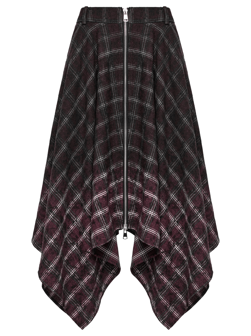 Asymmetrical Gothic plaid skirt with zipper front, featuring a unique pointed hem and punk-inspired design.