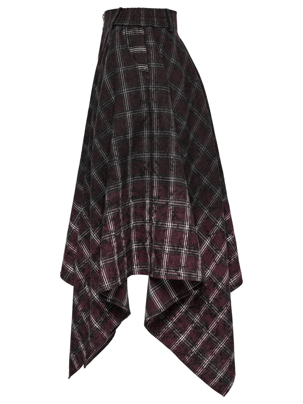 Asymmetrical Gothic plaid skirt with zipper front, featuring a unique irregular hem and punk-inspired design.