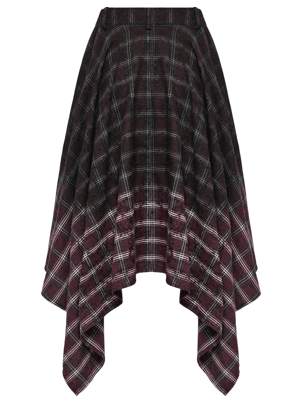 Asymmetrical gothic plaid skirt with zipper front, featuring a punk-inspired design and irregular pointed hem.