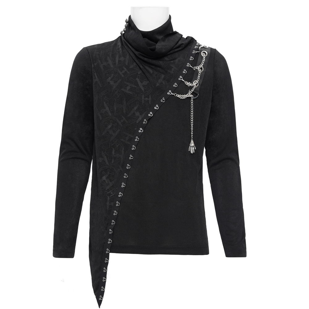 Asymmetrical black gothic top featuring chains, lace accents, and a dramatic angled hemline for a dark punk aesthetic.