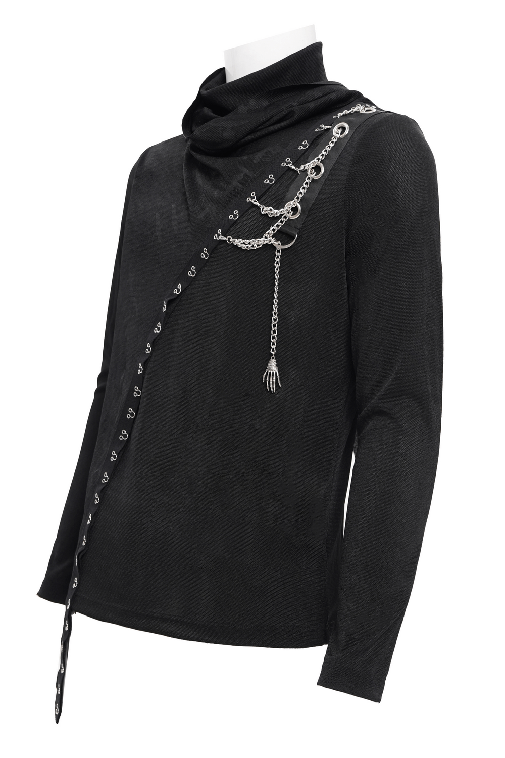 Asymmetrical gothic long-sleeve top featuring chains and lace accents with a dramatic angled hemline.