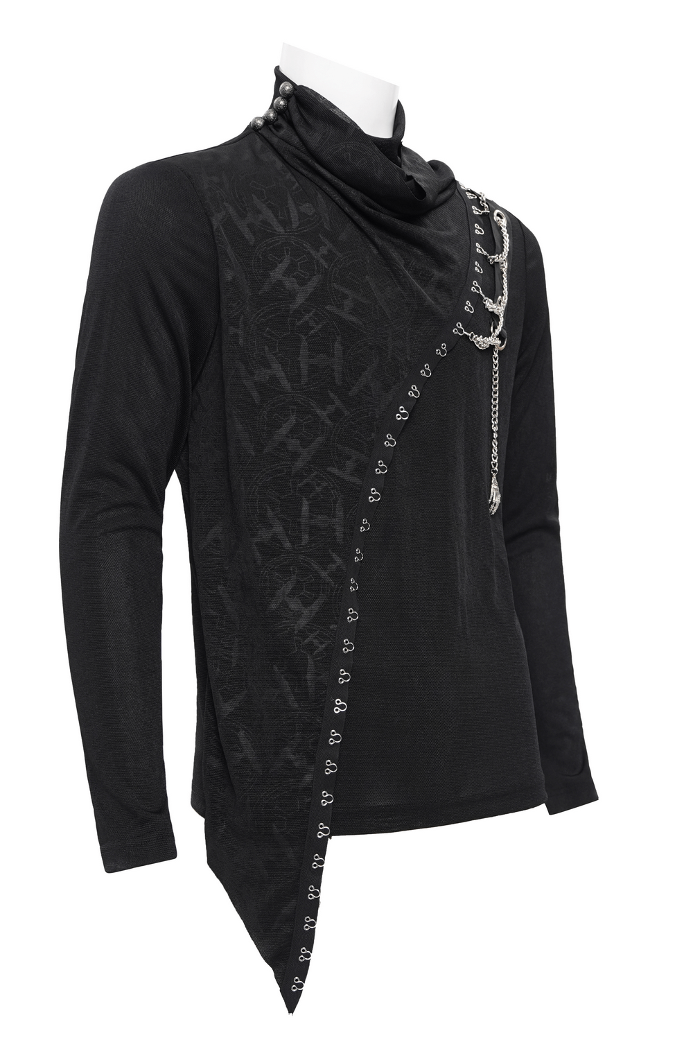 Asymmetrical gothic long-sleeve top with chain and lace accents, featuring a dramatic angled hemline and scarf detail.