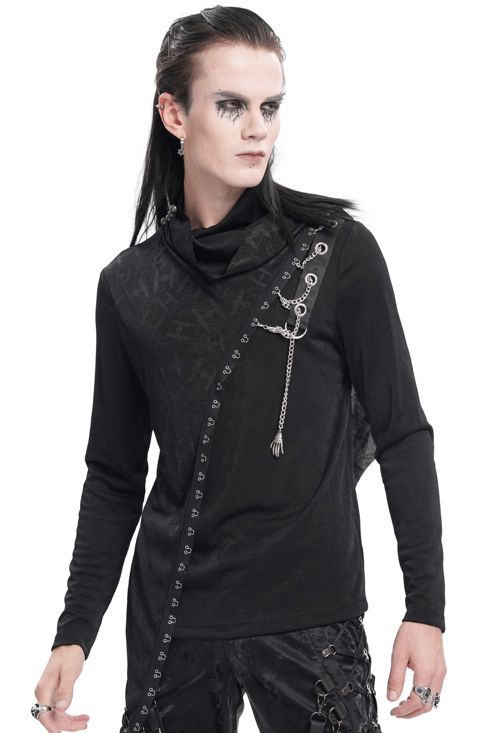 Asymmetrical gothic long-sleeve top with chains, lace accents, and layered design for a dark punk aesthetic.