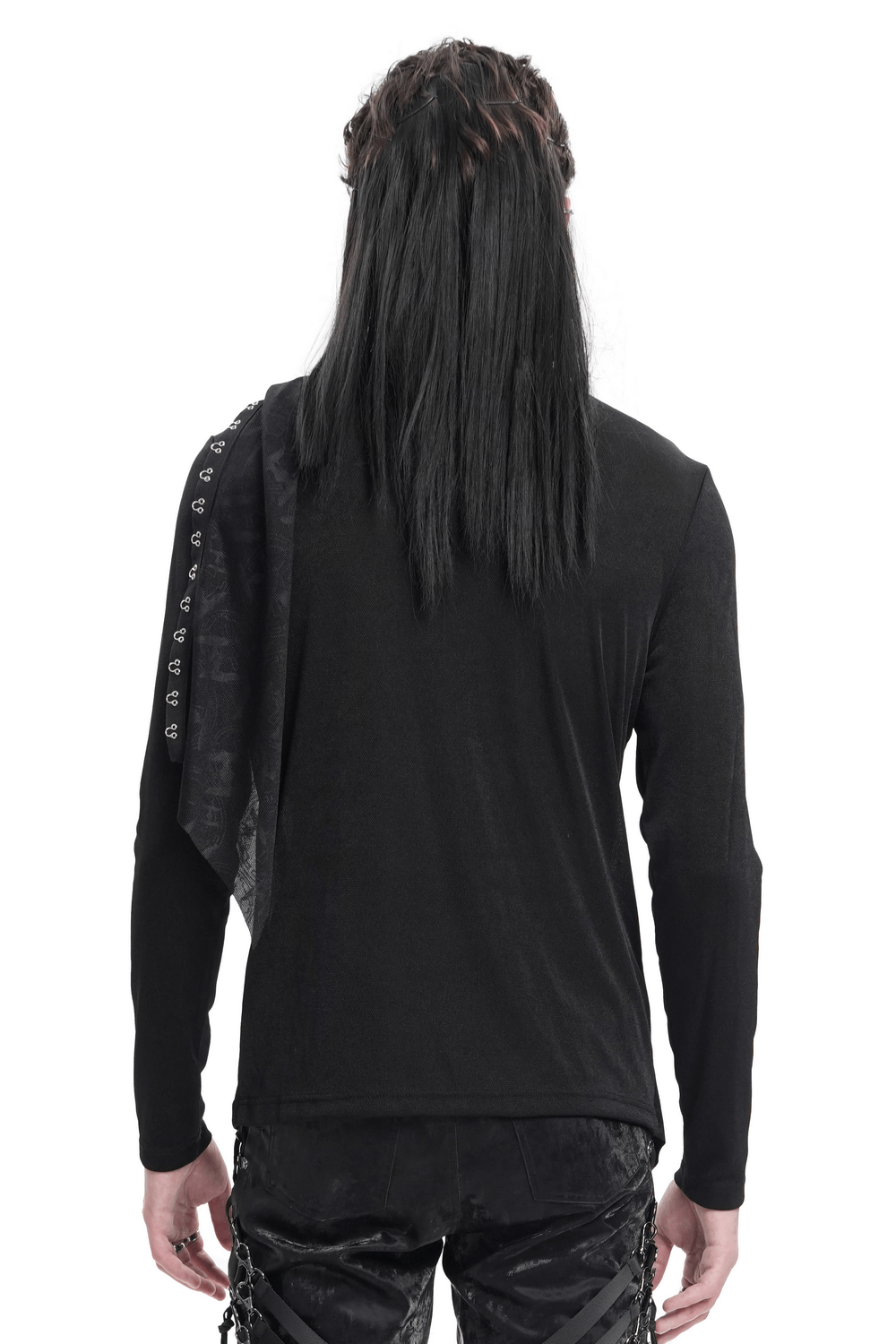 Back view of asymmetrical gothic top with lace and chain details, showcasing unique dark punk style.