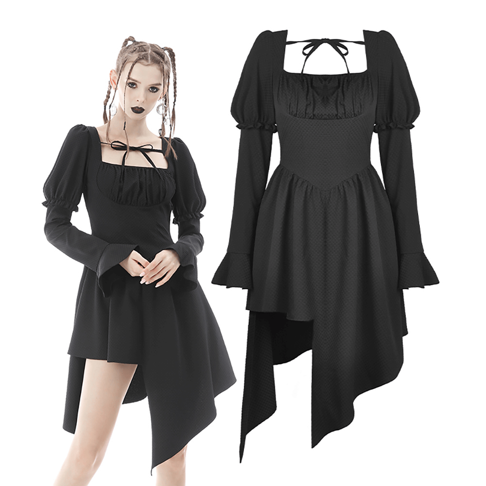 Asymmetrical black lace dress with long sleeves and choker neckline, perfect for a dark romantic look.