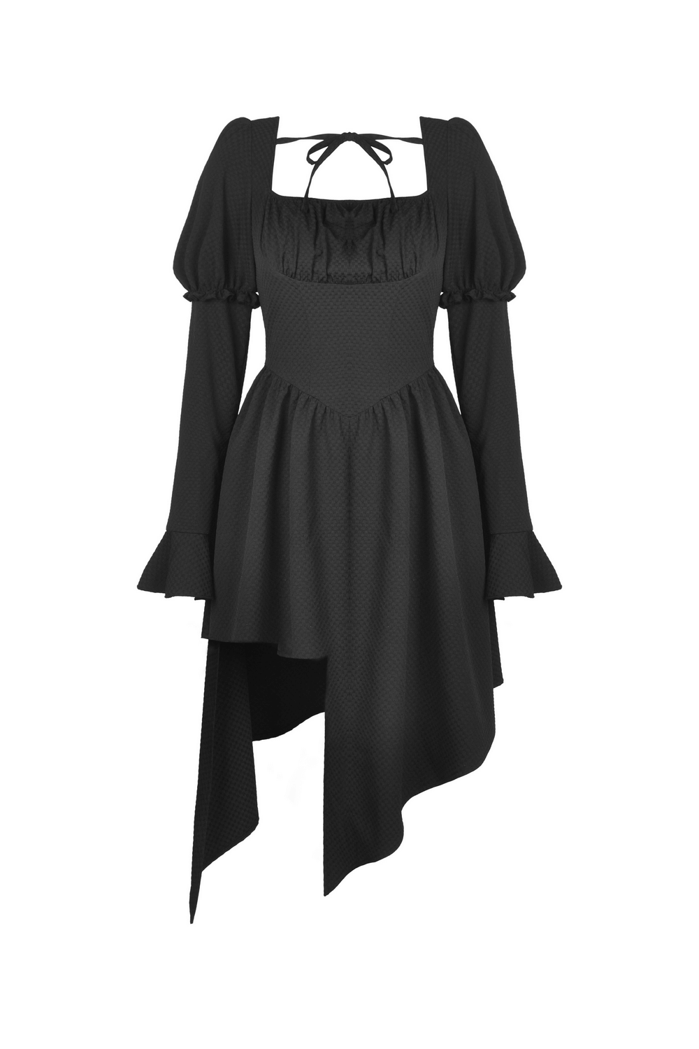 Asymmetrical hem black lace dress with long sleeves and choker neckline, perfect for a dramatic evening look.