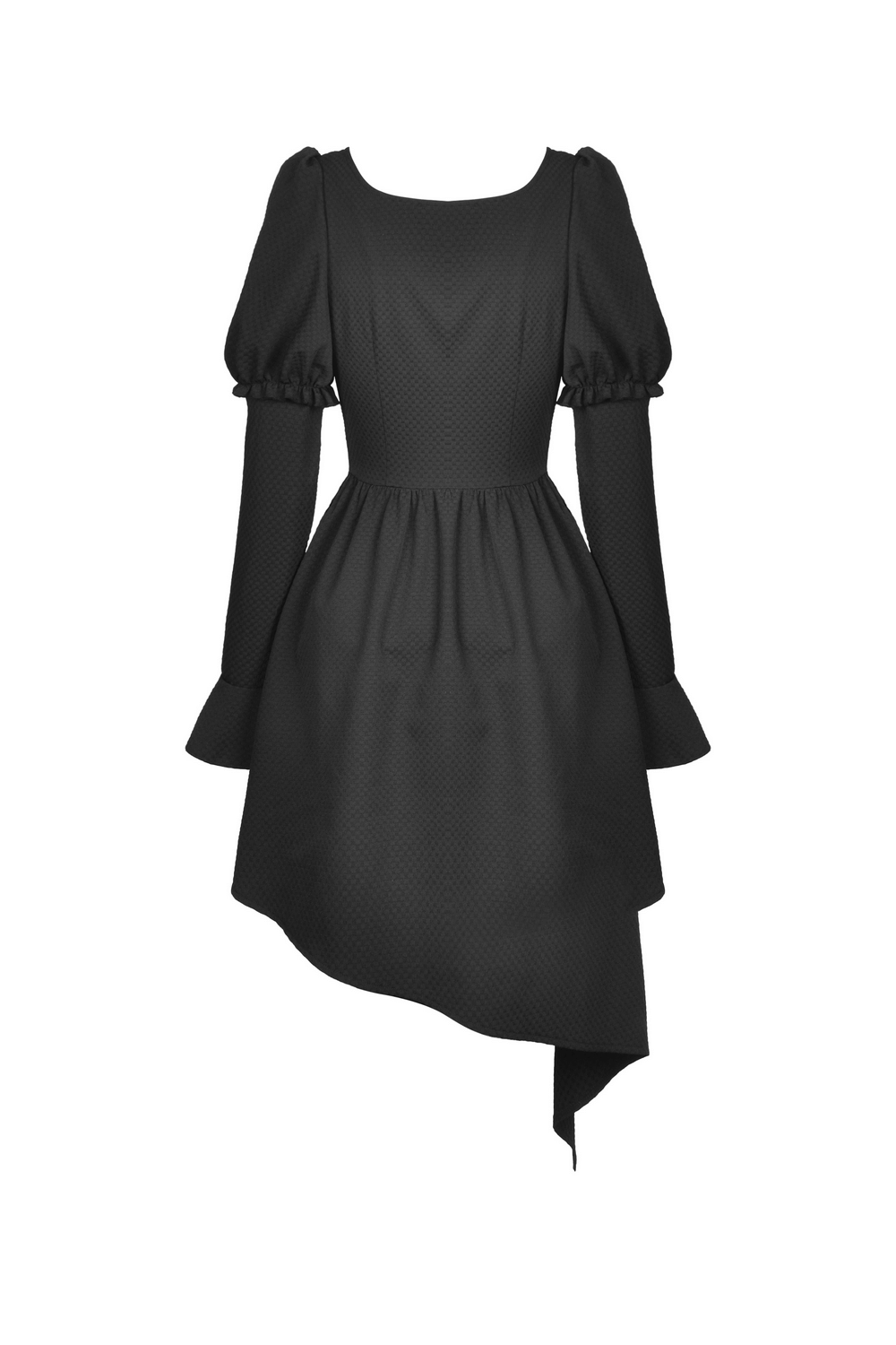 Asymmetrical hem black dress with long puff sleeves and chic silhouette, perfect for dark romantic styling.