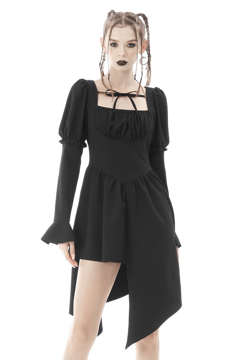 Dramatic asymmetrical black dress with long sleeves, choker neckline, and flowing silhouette, perfect for dark romantic elegance.