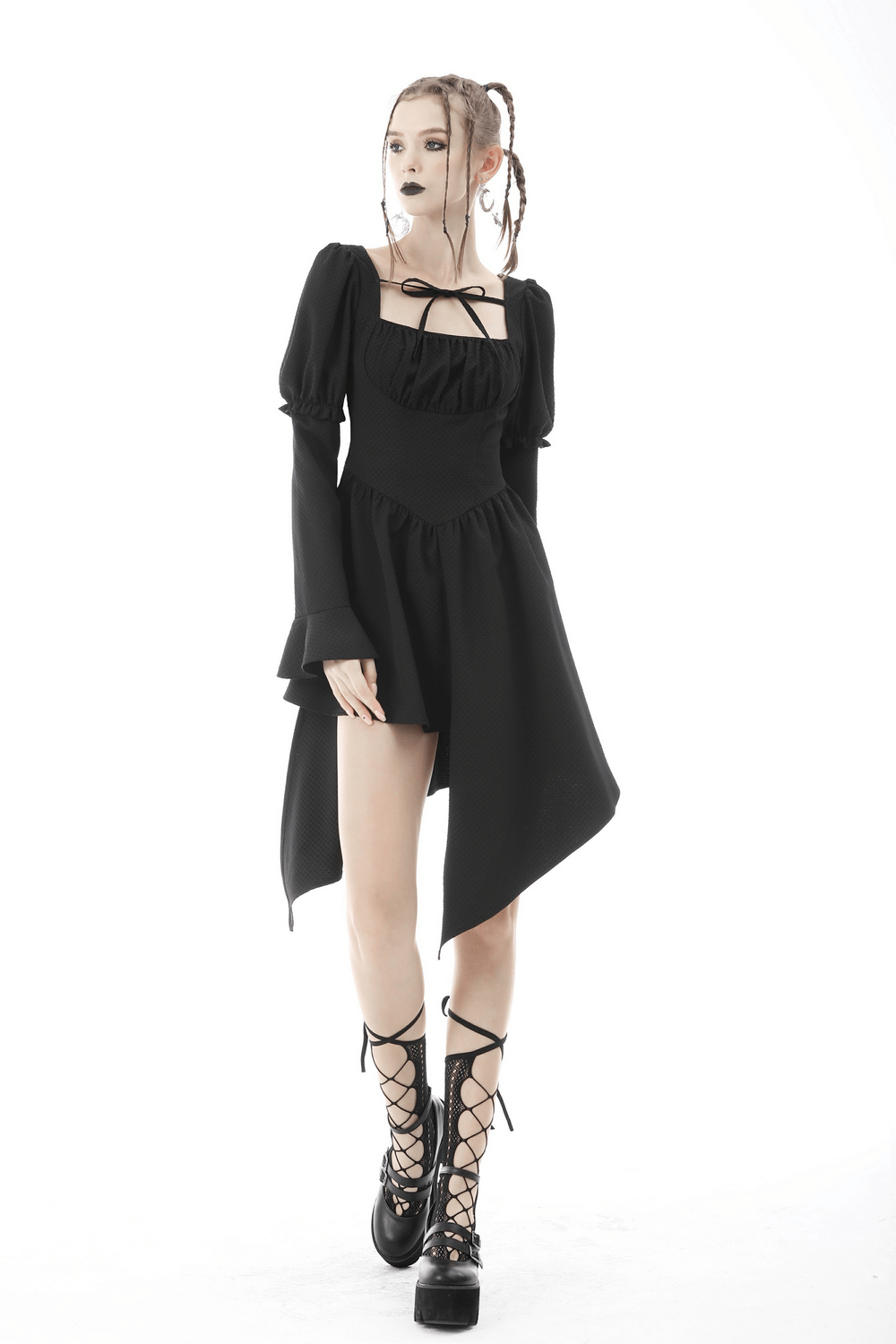 Asymmetrical hem black dress with long sleeves, lace trim, and choker neckline, embodying dark romantic elegance.
