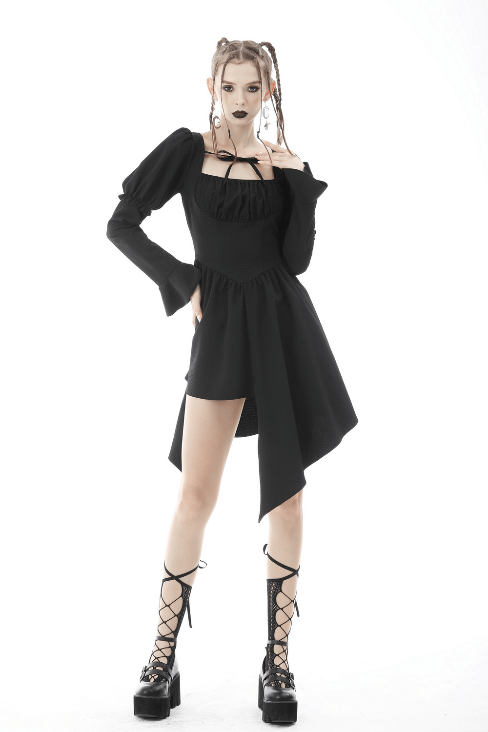 Asymmetrical hem black lace dress with long sleeves and choker neckline, perfect for dark romantic styles.