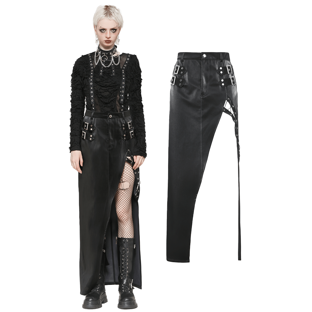 Asymmetrical black PU leather skirt featuring buckles, lacing, and a daring slit, styled with punk-inspired fashion.