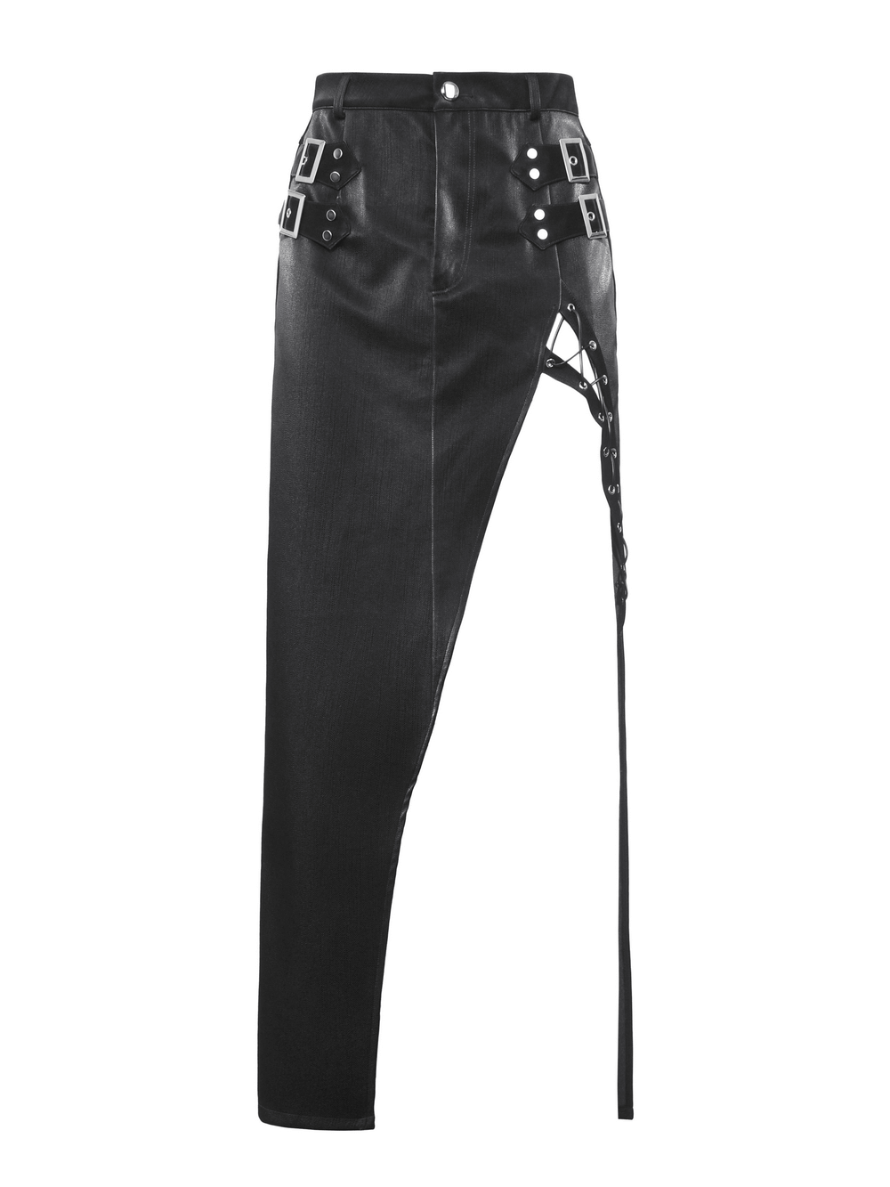 Asymmetrical high-waisted PU leather skirt with buckles and lace-up detail, featuring a daring slit for a chic look.