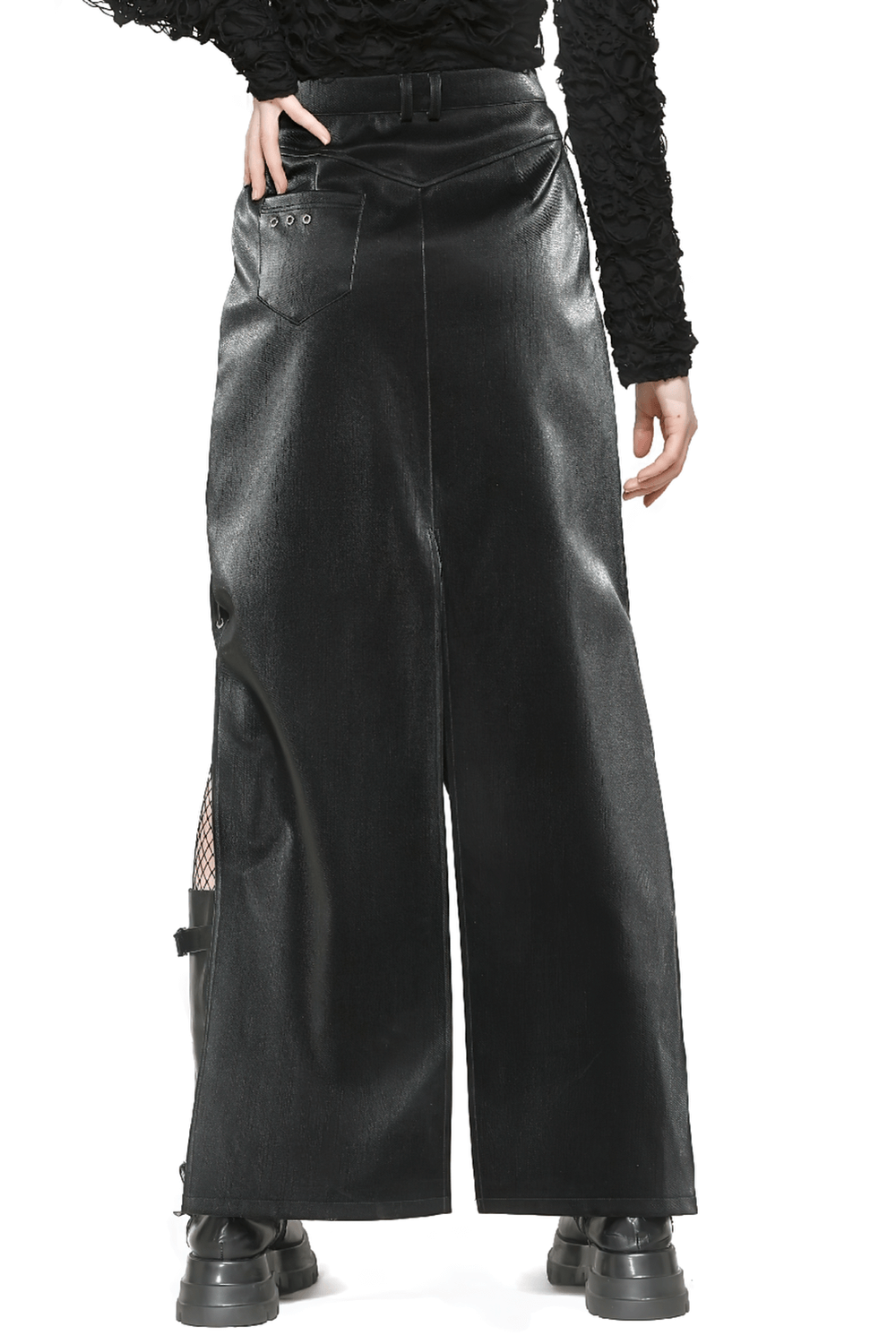 High-waisted asymmetrical PU leather skirt featuring back pockets, buckles, and lace-up detail for a chic, edgy look.