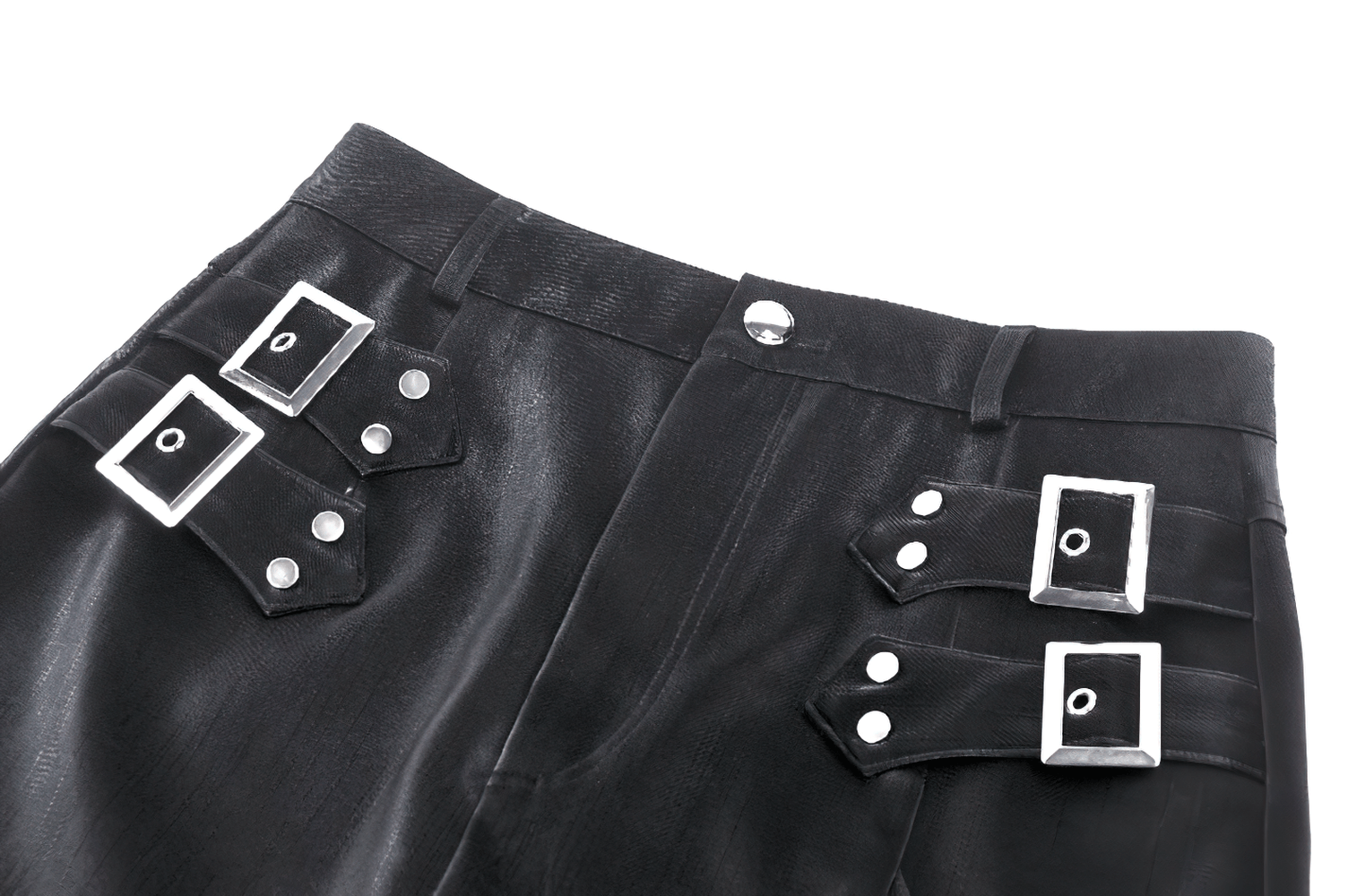 Close-up of an asymmetrical black PU leather skirt featuring stylish buckles and lacing details, perfect for edgy fashion.