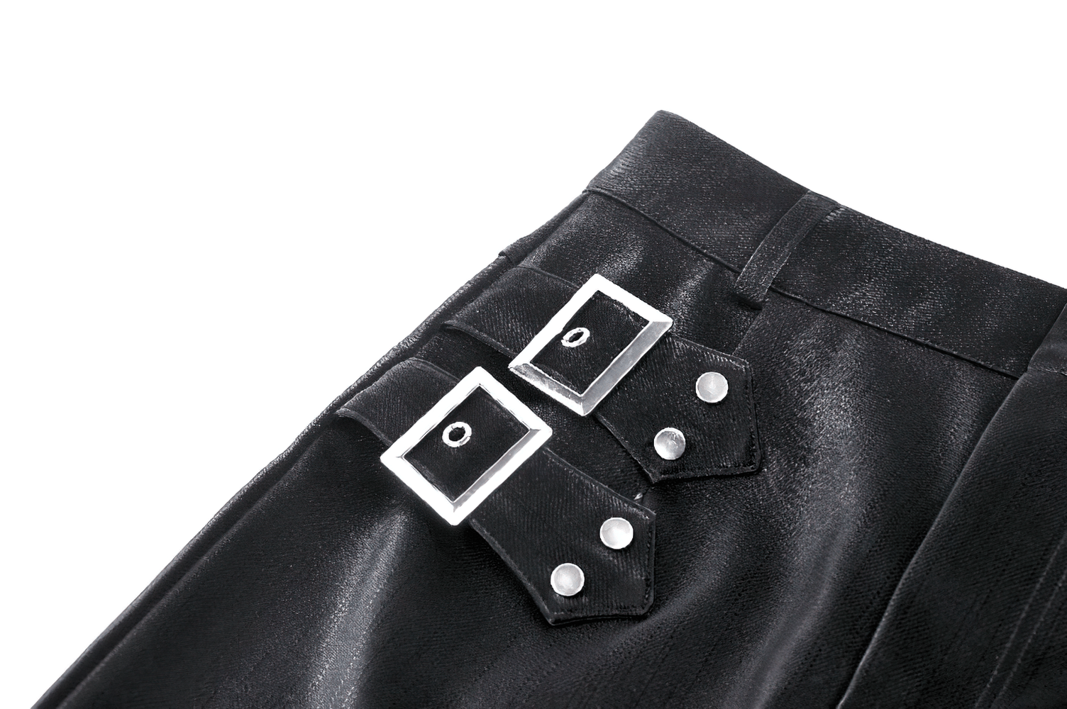 Close-up of black PU leather skirt featuring edgy silver buckles and snap details, highlighting its stylish punk aesthetic.