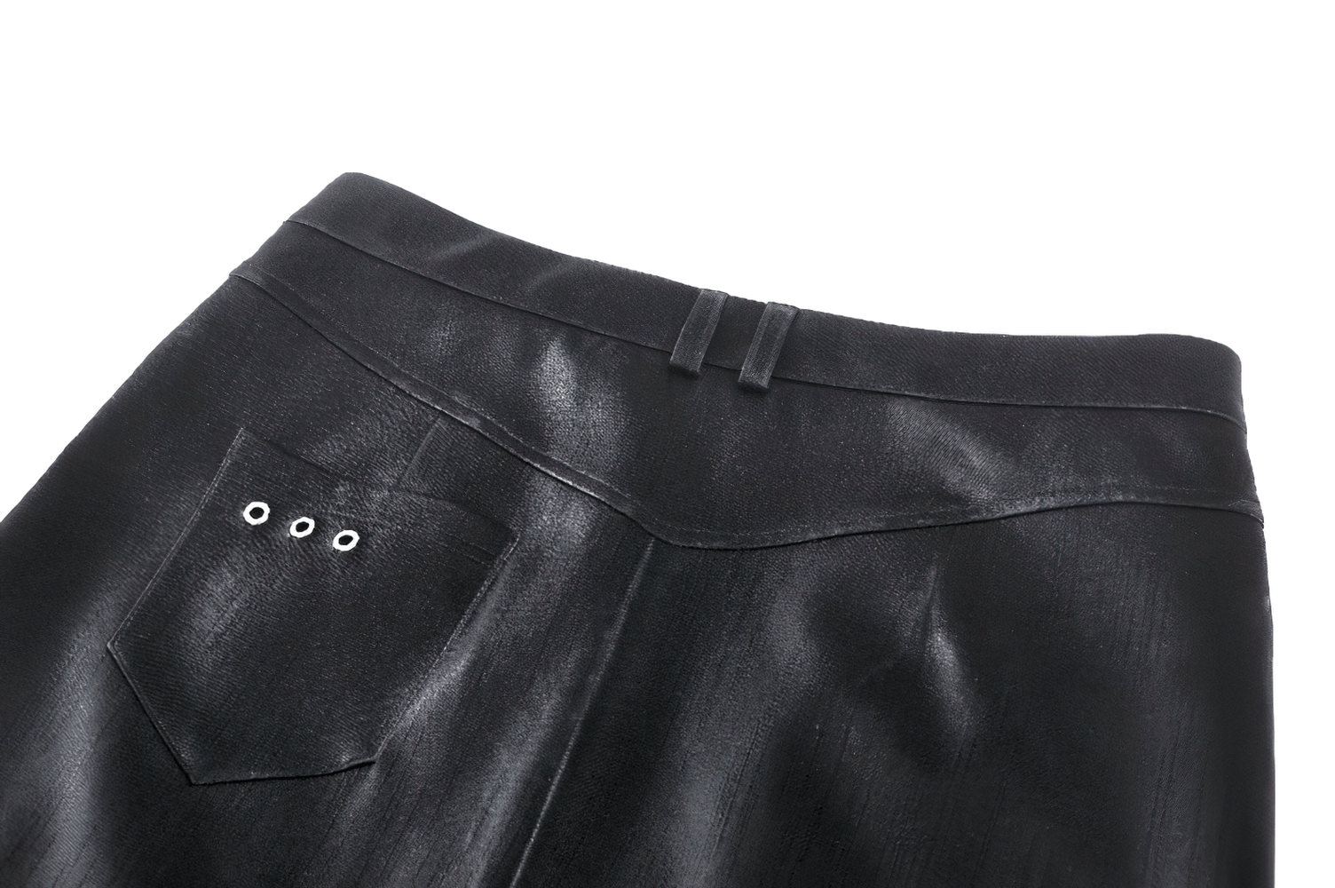 Close-up of the back of a high-waisted black PU leather skirt highlighting the pocket and buckle details.