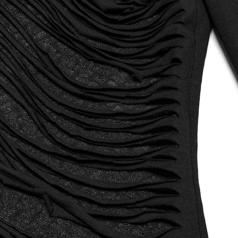 Close-up of a black asymmetrical punk sweatshirt featuring unique ruffled fabric and mesh details for an edgy look.