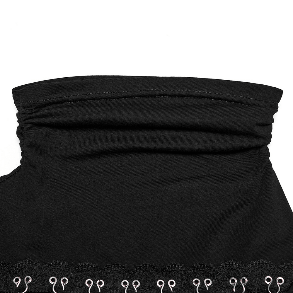 Close-up of black asymmetrical sweatshirt collar with unique metal buckle details for a punk-inspired look.