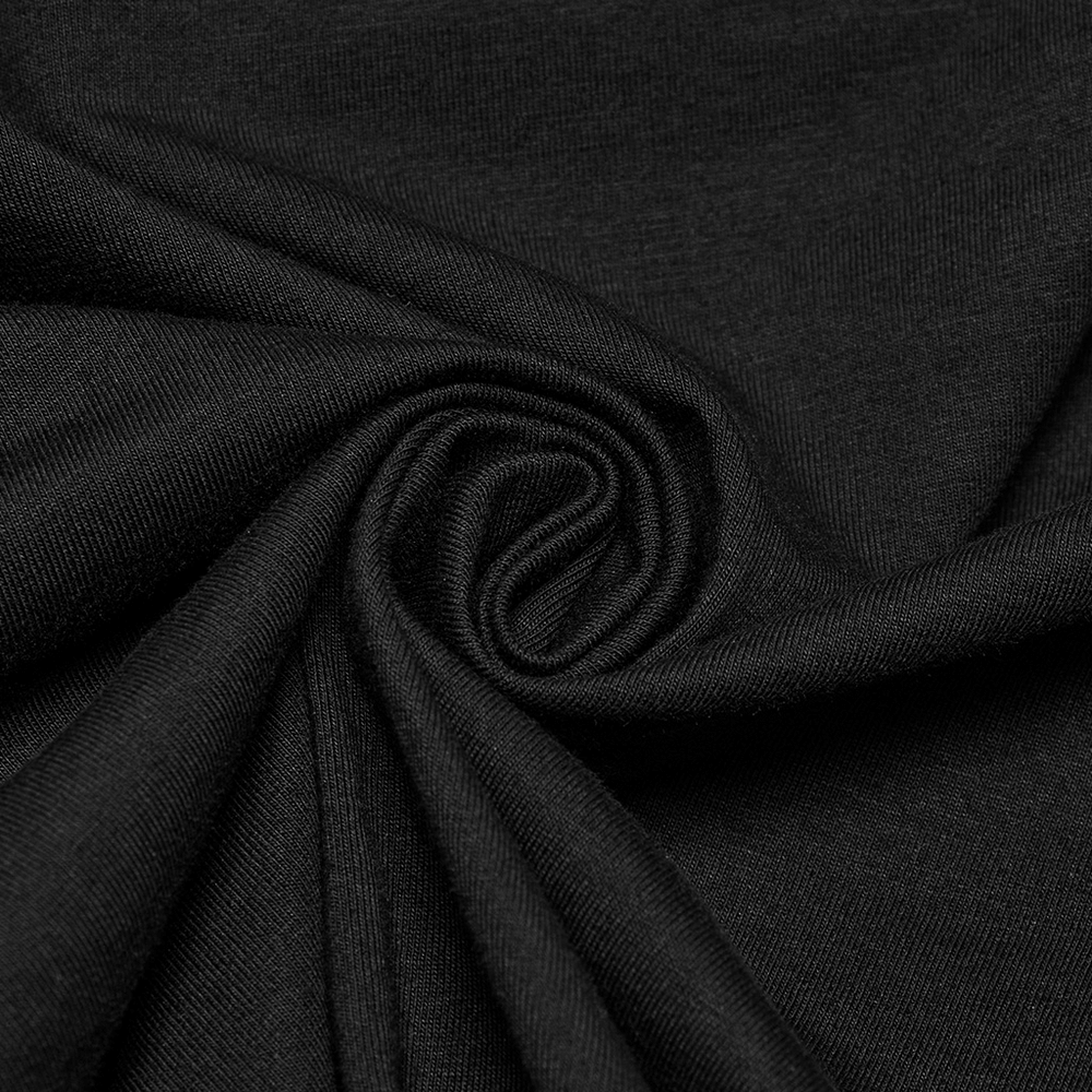 Close-up of black elastic fabric showing soft texture for punk mesh sweatshirt design.