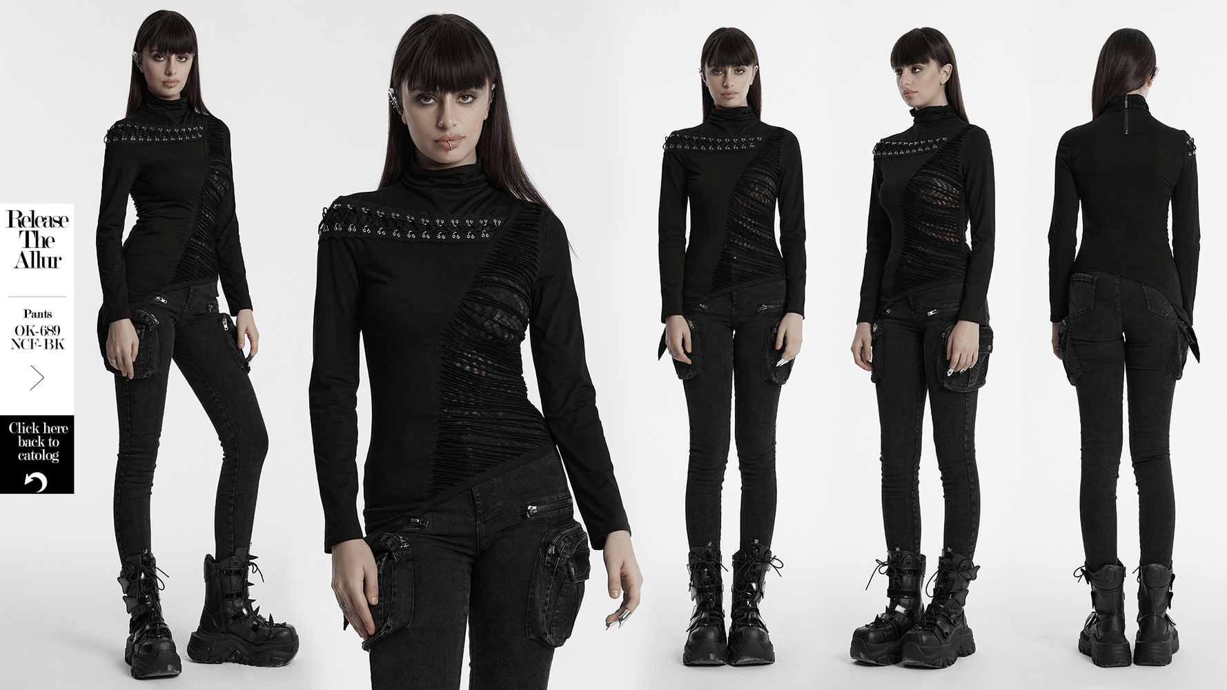 Asymmetrical punk mesh sweatshirt with metal details, featuring unique buckle and zipper design.