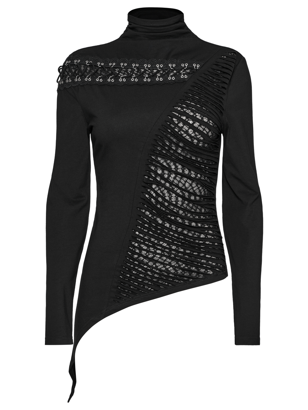 Asymmetrical punk sweatshirt featuring unique mesh design, metal details, and a chic turtle neck.