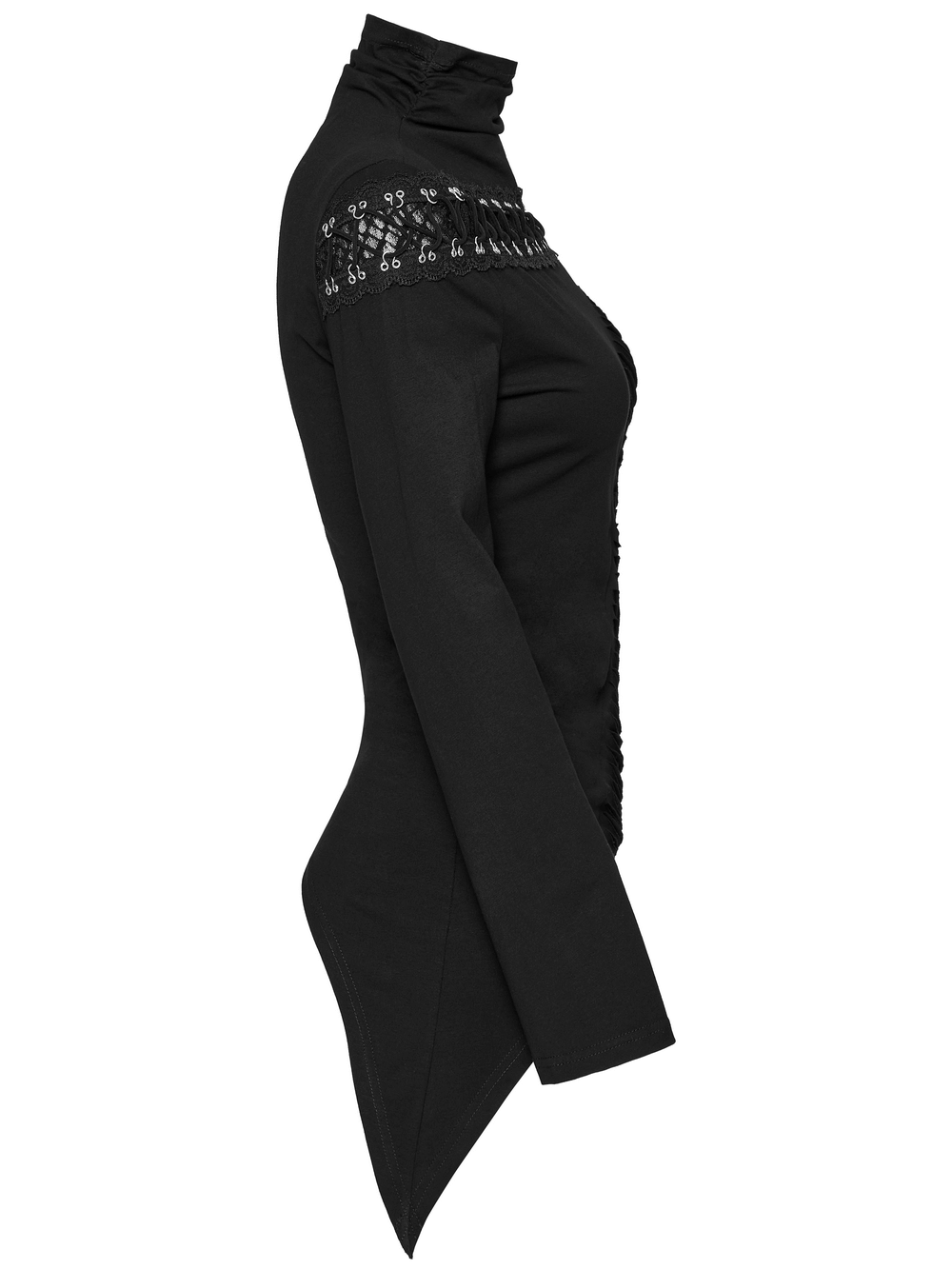 Asymmetrical black punk mesh sweatshirt featuring metal buckle and zipper details for a bold, edgy style.