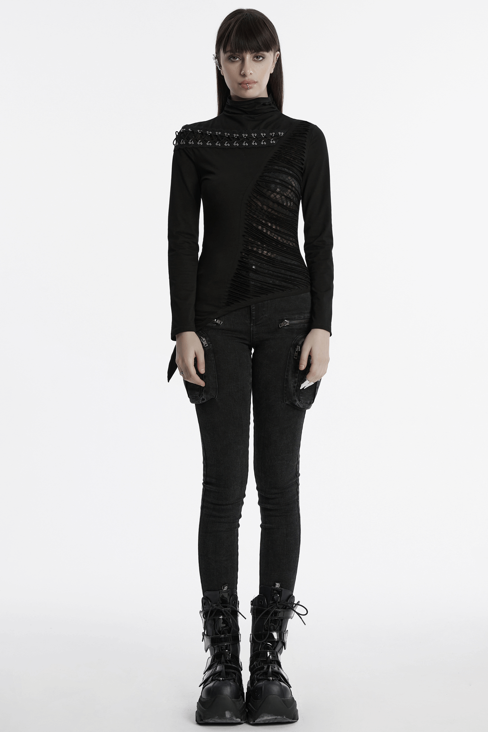 Asymmetrical punk mesh sweatshirt with metal details and unique cutting, paired with edgy black pants.