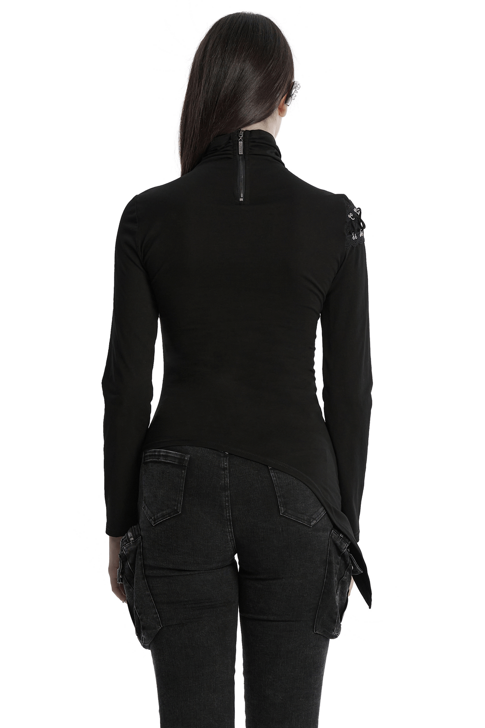 Back view of asymmetrical punk mesh sweatshirt with metal details and zipper, showcasing edgy design and stylish buckles.