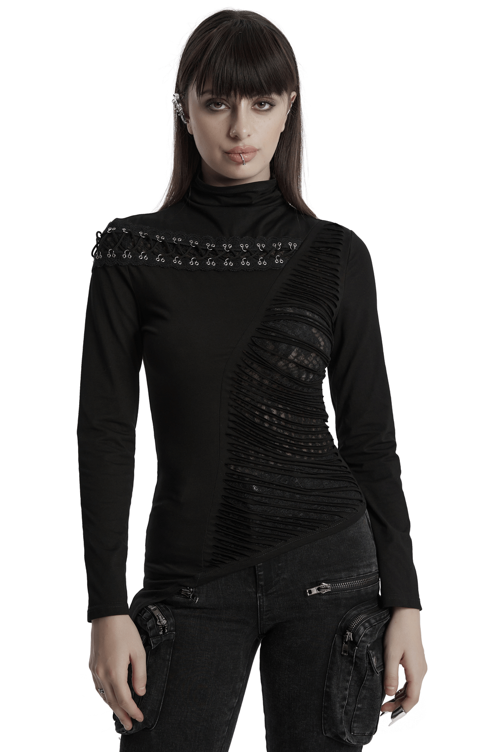 Asymmetrical punk mesh sweatshirt with unique buckle and zipper details for a bold, edgy style.