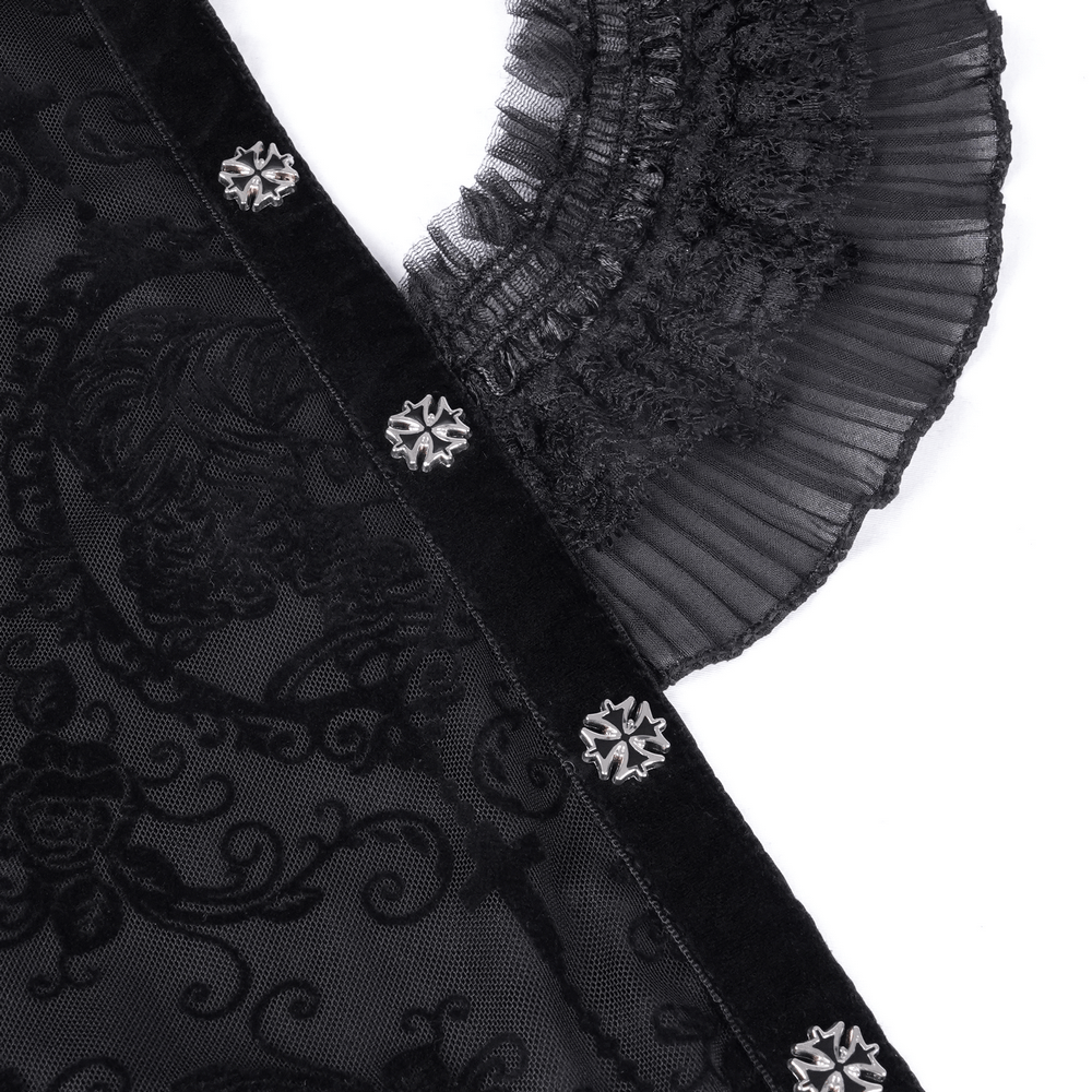 Close-up of elegant gothic skirt detailing with lace ruffle and ornate buttons for a dramatic flair.