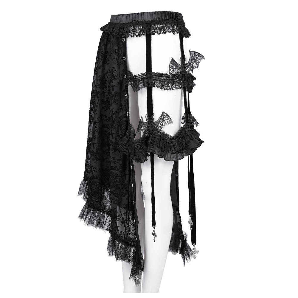 Elegant asymmetrical black skirt with bat wing accents and lace ruffles, perfect for gothic style.