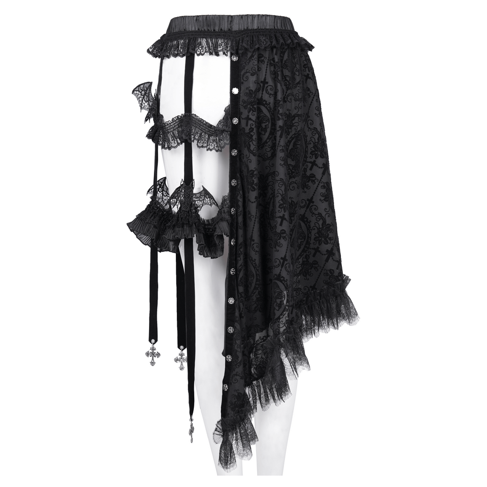 Elegant asymmetrical gothic skirt with bat wing accents, lace patterns, and cross charms. Perfect for alternative fashion.