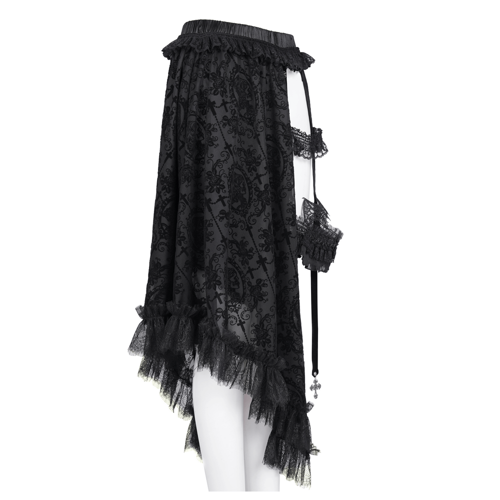Asymmetrical black gothic skirt with bat wing accents, lace patterns, and ruffled hem, perfect for alternative fashion.