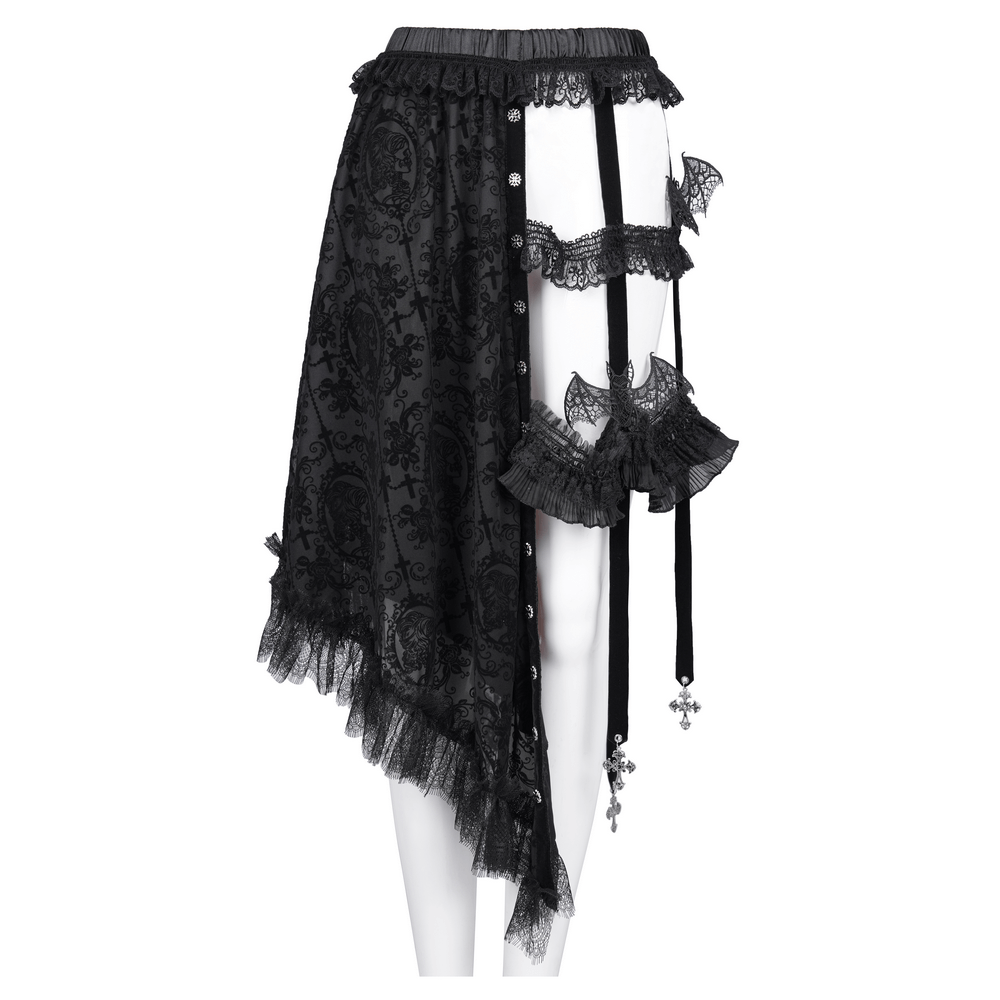 Elegant asymmetrical gothic skirt with bat wing accents and cross charms, featuring lace patterns and ruffled details.