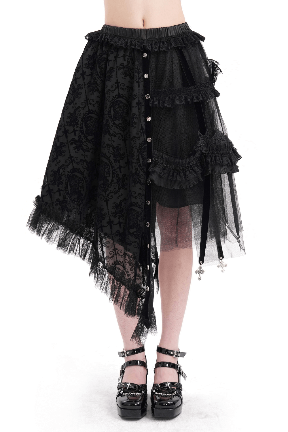 Asymmetrical gothic skirt with bat wing accents, lace details, and cross charms, perfect for alternative fashion.