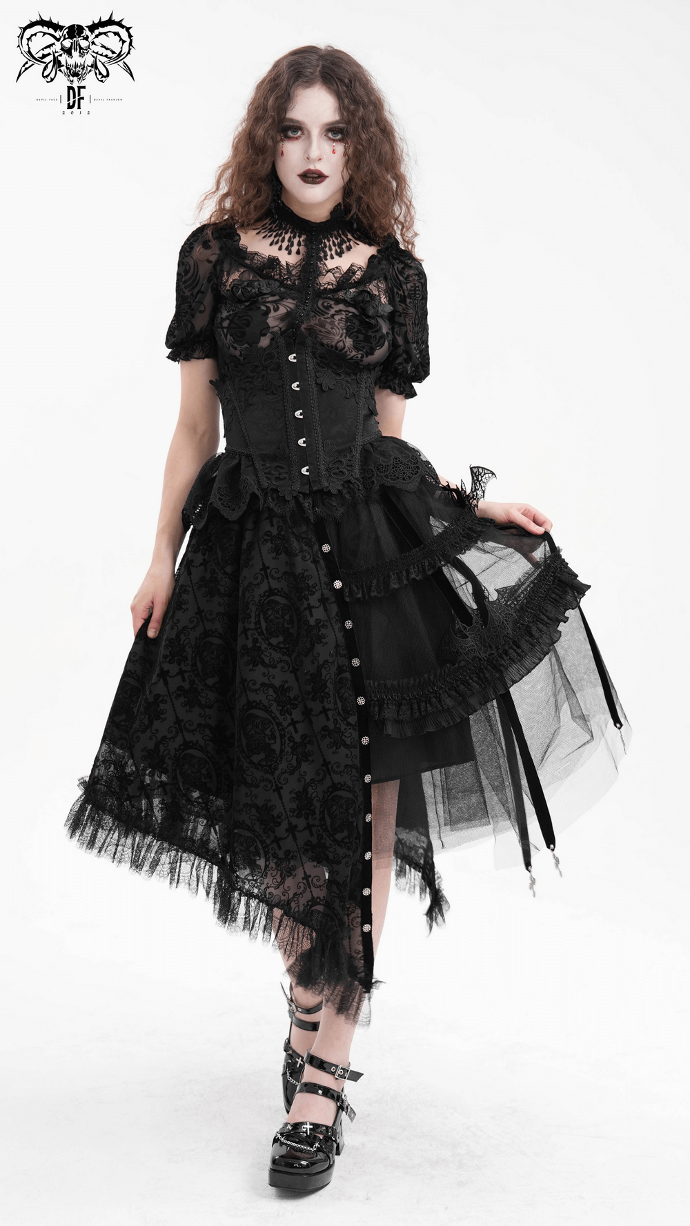 Elegant gothic skirt with asymmetrical hem, intricate lace, bat wing accents, and layered ruffles for dark fashion lovers.