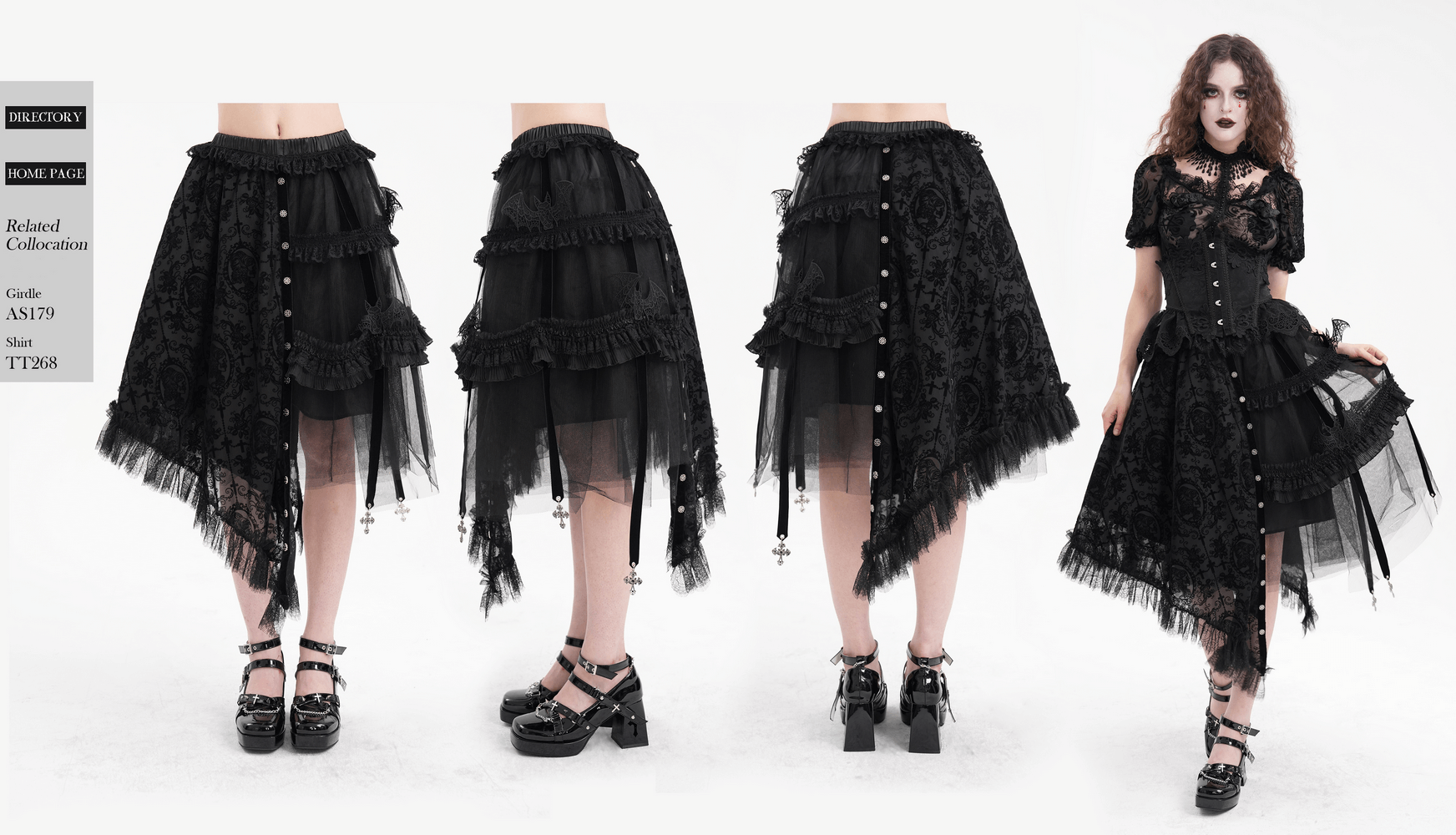 Elegant asymmetrical gothic skirt with bat wing accents, lace patterns, and cross charms in black.
