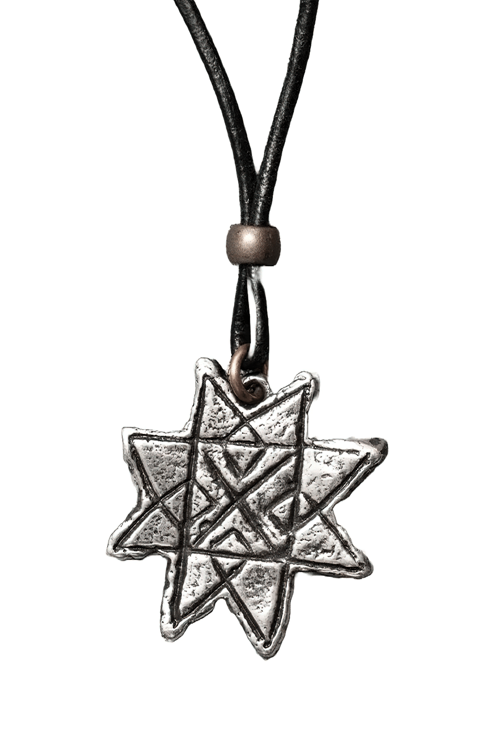 Auseklis Pewter Amulet Gothic Protection Necklace featuring a gray pewter star talisman pendant on a black cord.