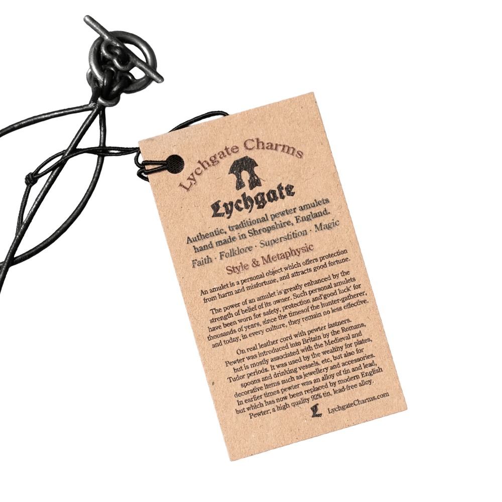 Auseklis Pewter Amulet Gothic Protection Necklace tag showcasing authentic handcrafted pewter amulet information.