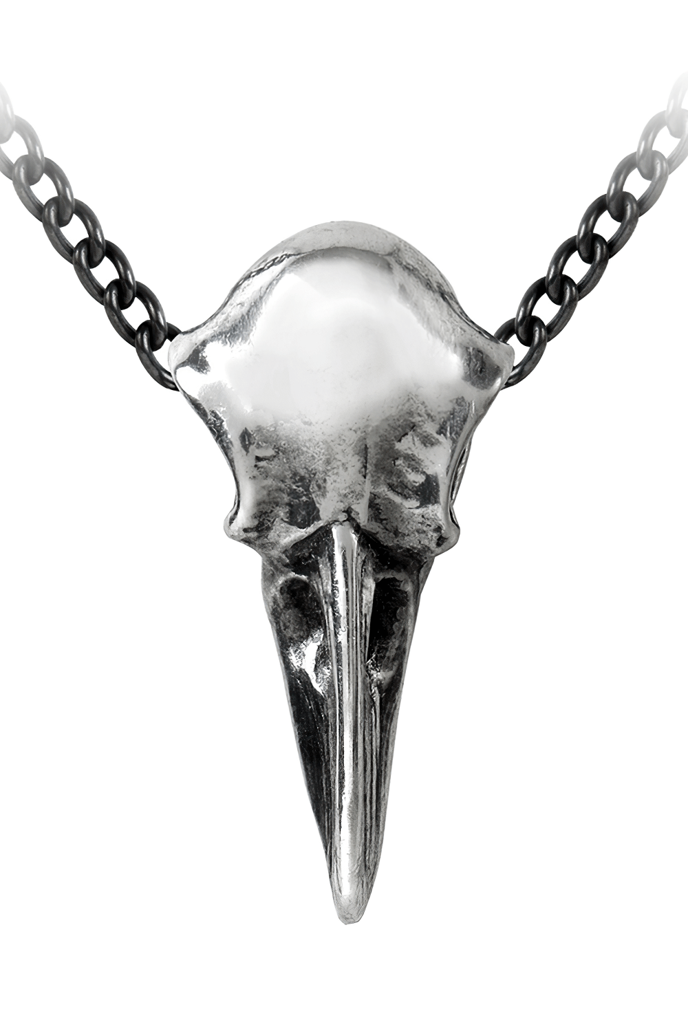 Authentic raven skull pendant in polished pewter, inspired by Norse mythology with Odin's raven symbolism.