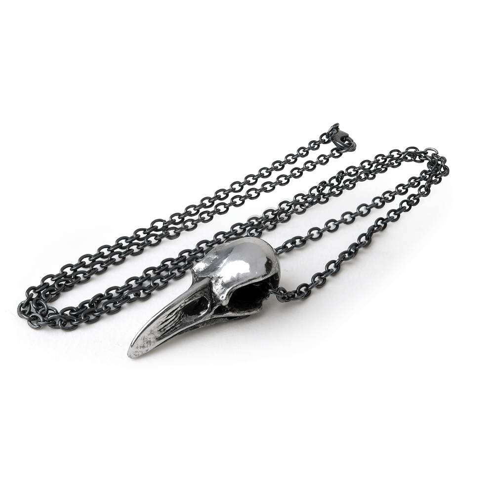 Authentic raven skull pendant in polished pewter, symbolizing Odin's raven and Norse mythology.