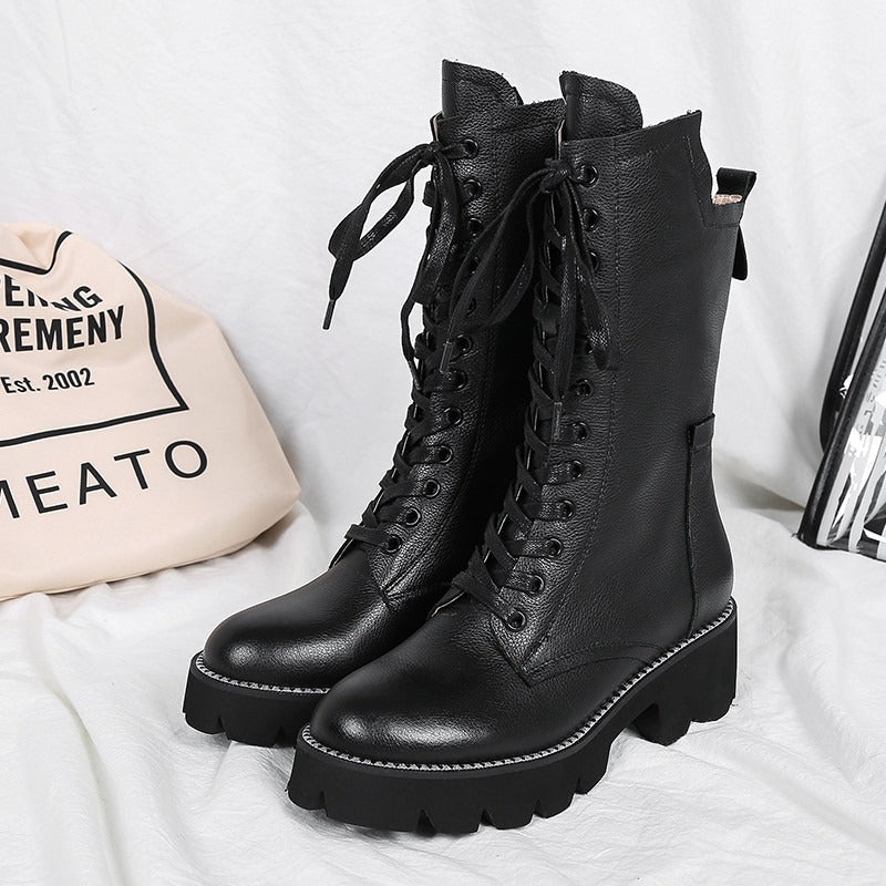 Autumn/Winter Womens Boots / Zip Cross Tied Mid Calf Boots / Square Heel Genuine Leather Boots - HARD'N'HEAVY