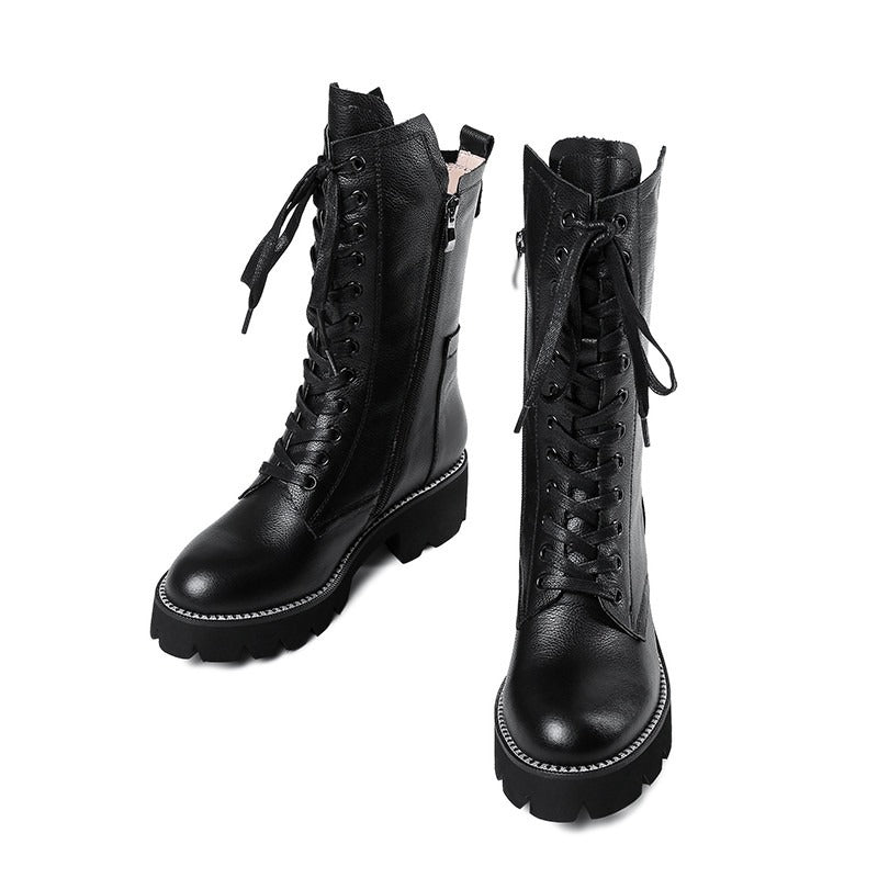 Autumn/Winter Womens Boots / Zip Cross Tied Mid Calf Boots / Square Heel Genuine Leather Boots - HARD'N'HEAVY