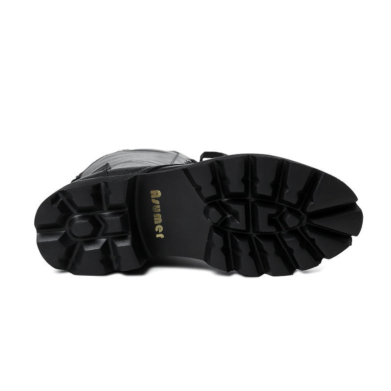 Autumn/Winter Womens Boots / Zip Cross Tied Mid Calf Boots / Square Heel Genuine Leather Boots - HARD'N'HEAVY